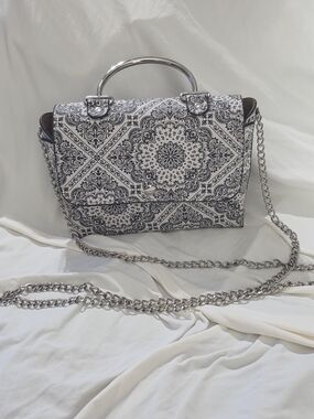 Black White Paisley Top Handle Bag Chain Strap Structured Purse
